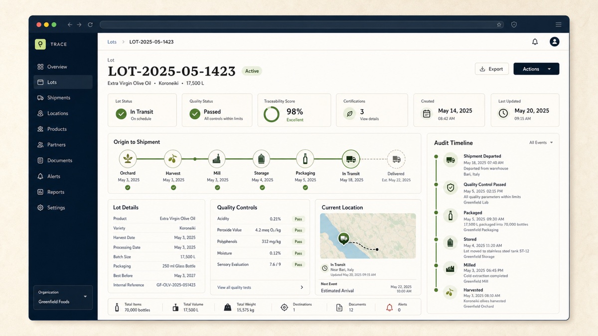 Trazabilidad agro-food traceability platform interface