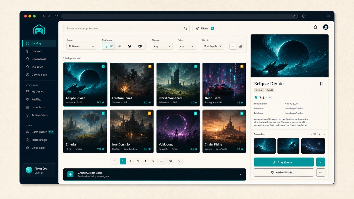 Videogames Explorer catalog and detail interface